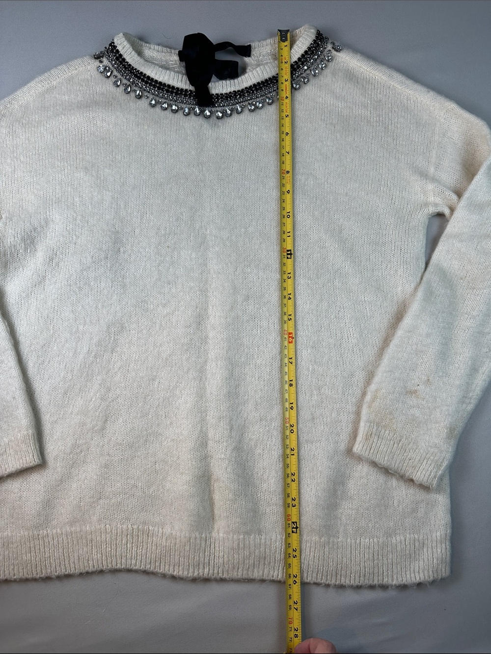 hinge Cream Oversized Crewneck Sweater Size Small Beaded Neckline Bow - Picture 5 of 7
